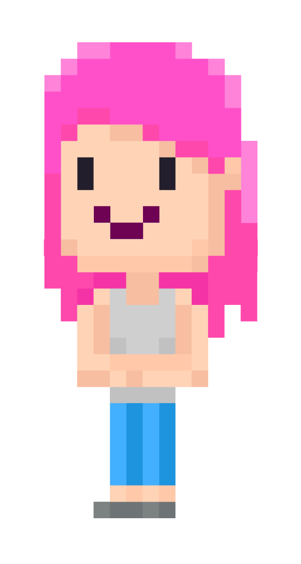 Dame avec chandail rose et bras croisés pixelisée